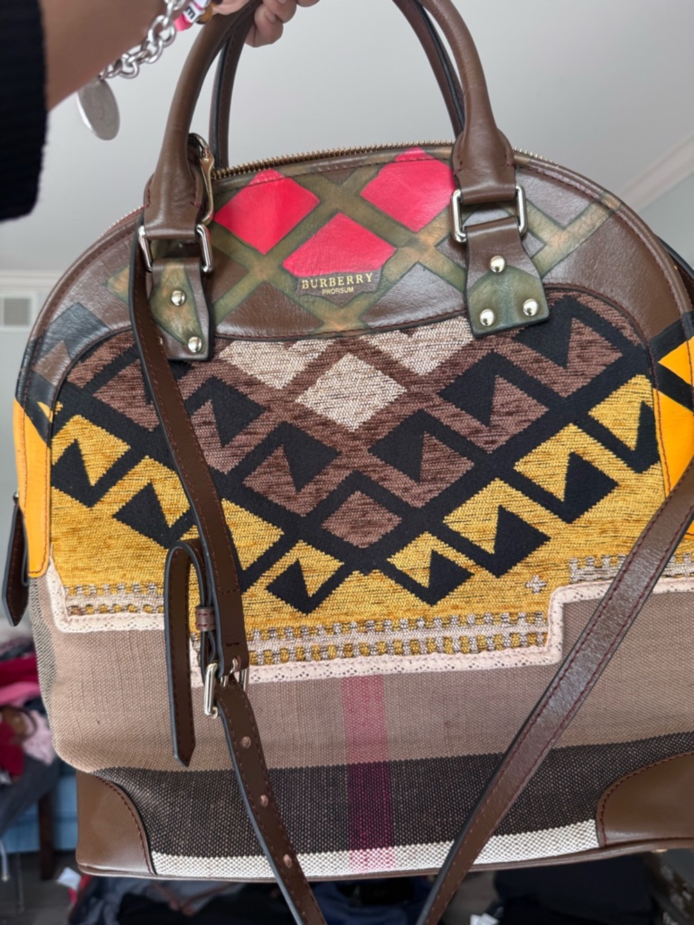 Burberry Multicolor Geometric Canvas & Leather Satchel - Pink, Yellow, Brown - Picture 3 of 10